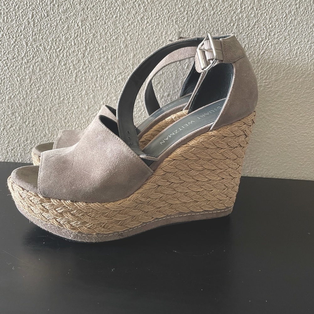 Stuart Weitzman Soho Jute platform wedge sandal in grey suede